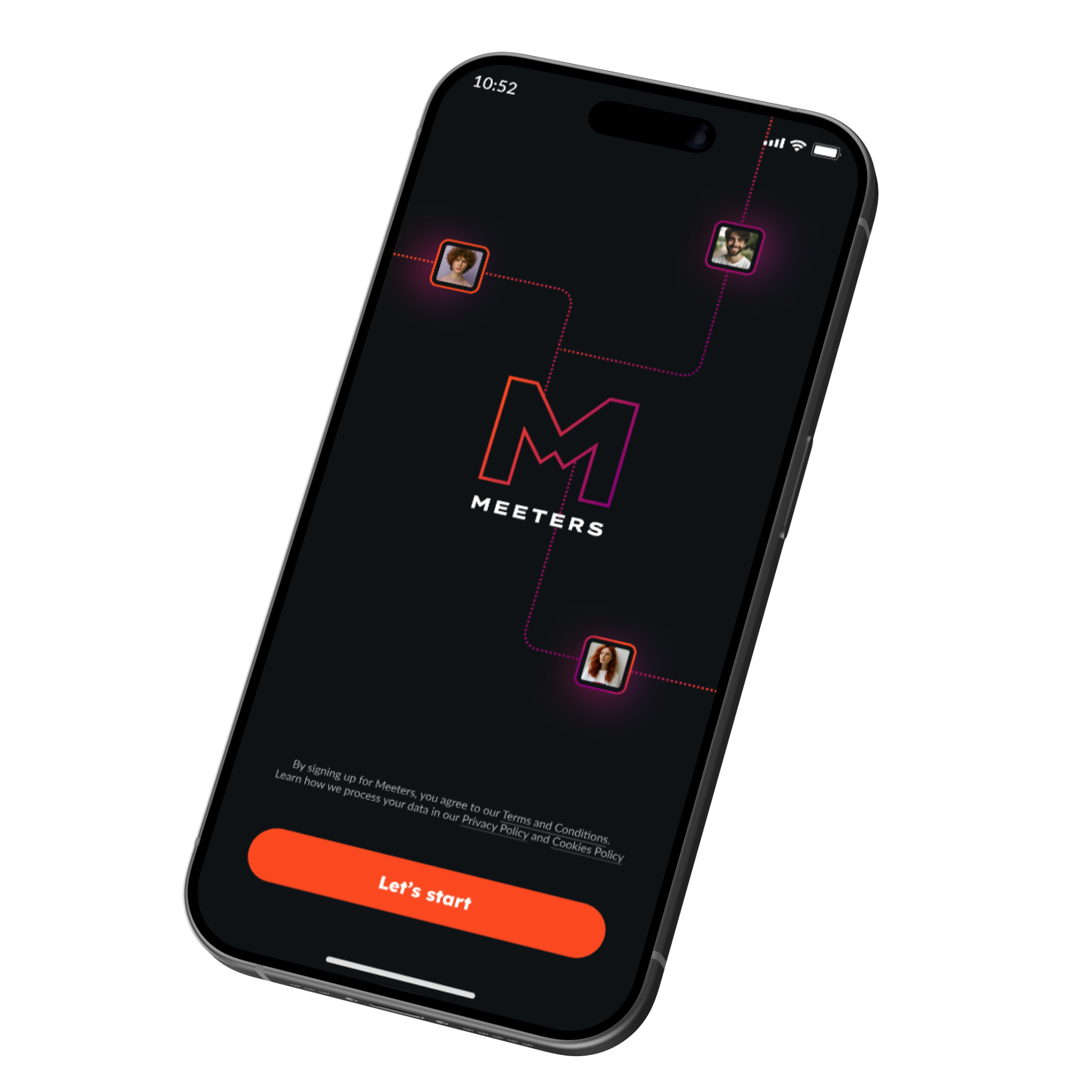 Meeters app splash screen with logo and connection network