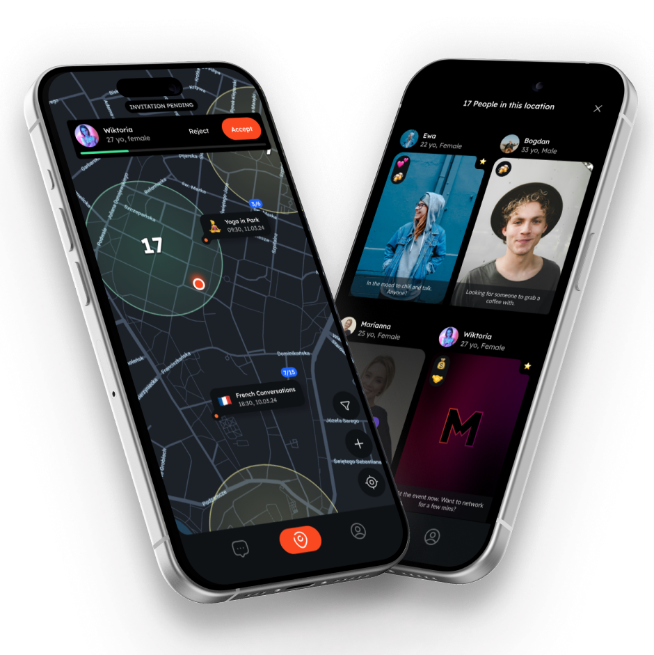 Meeters app showing map view with invitation pending and people discovery interface
